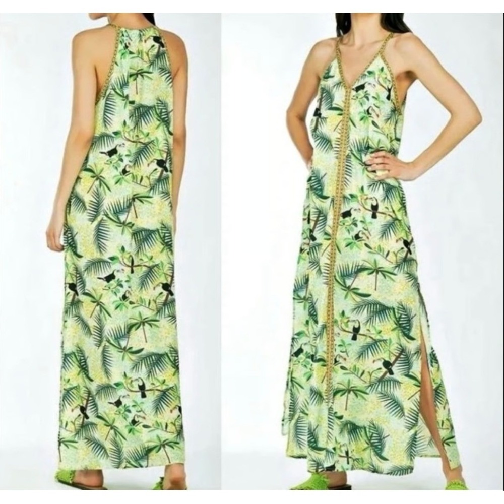 XL Tropical Jungle Maxi Dress America & Beyond Sleeveless‎ Green Flowy Island